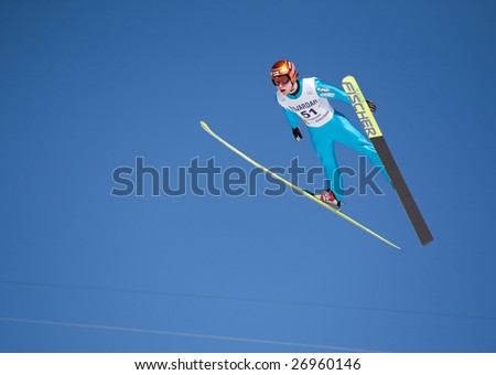 VIKERSUND, NORWAY - MARCH 15: Kalle Keituri of Finland competes in the FIS World Cup Ski Jumping Competition on March 15, 2009 in Norway.