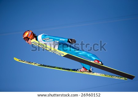 VIKERSUND, NORWAY - MARCH 15: Kalle Keituri of Finland competes in the FIS World Cup Ski Jumping Competition on March 15, 2009 in Norway.