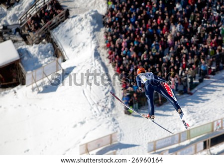 VIKERSUND, NORWAY - MARCH 15: Matti Hautamaeki of Finland competes in the FIS World Cup Ski Jumping Competition on March 15, 2009 in Norway.