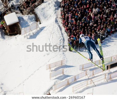 VIKERSUND, NORWAY - MARCH 15: Emmanuel Chedal of France competes in the FIS World Cup Ski Jumping Competition on March 15, 2009 in Norway.