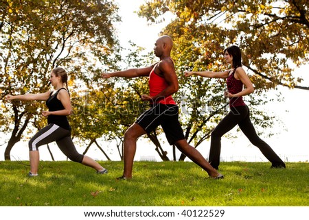 A group of people practicing martial arts in the park