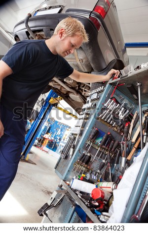 Mechanic looking at his tools and equipment in auto repair shop