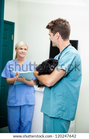 Male veterinarian doctor with a dog looking at female nurse holding clipboard