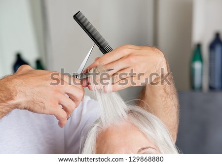 Closeup of hairdresser's hand cutting hair in beauty parlor