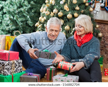 Senior couple with presents sitting on floor in Christmas store