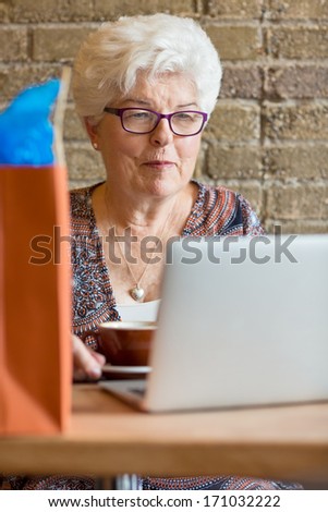 Senior female customer using laptop in rustic cafe