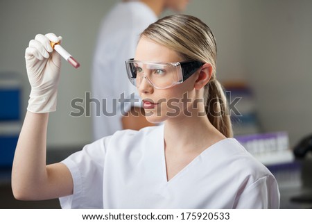 Female lab technician testing blood sample in test tube