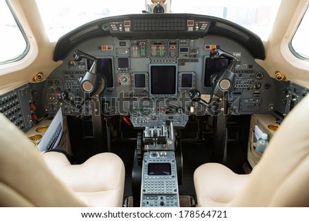 Instrument panels in cockpit of private business jet