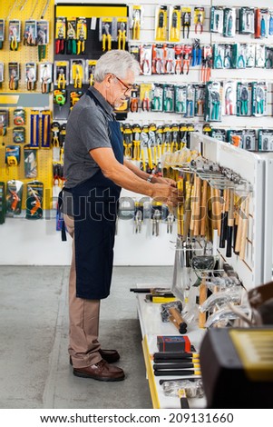 Full length side view of senior salesman working in hardware store
