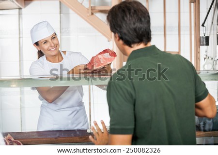 Happy mature female butcher selling fresh meat to male customer at shop