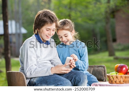 Smiling siblings using cellphone while sitting on chairs at campsite