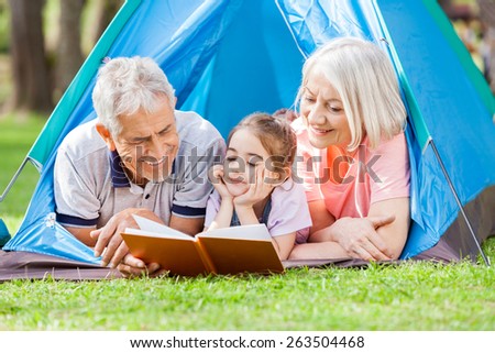 Happy grandparent with granddaughter reading book at campsite in park
