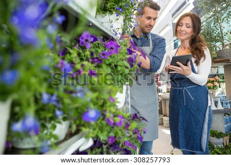 Male florist looking at female colleague using tablet computer in flower shop