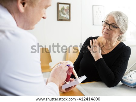 Woman Looking At Male Doctor Explaining Shoulder Rotator Cuff Mo