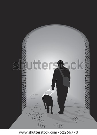 a light in the darkness - man guide by a guide dog