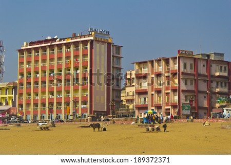 FEBRUARY 5, 2014, PURI, ORISSA, INDIA - Puri Hotel at Marine Drive road, most popular hotel in this town