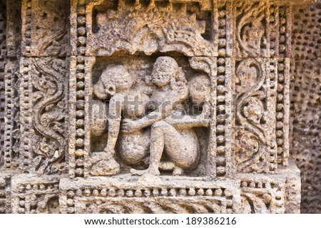 Famous erotic stone carving on the wall of ancient Sun temple in Konark