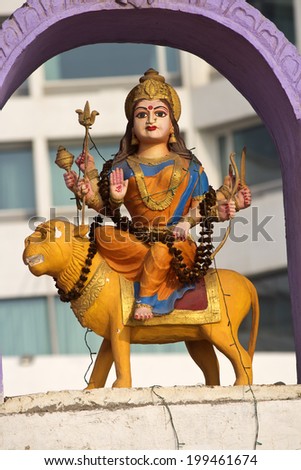 FEBRUARY 13, VISHAKHAPATNAM, ANDHRA PRADESH, INDIA - Sculpture of the Goddess Durga over the gate of little Hindu temple