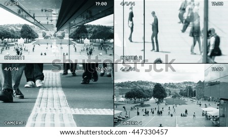 split screen cctv surveillance camera monitoring background. observing people walking public street