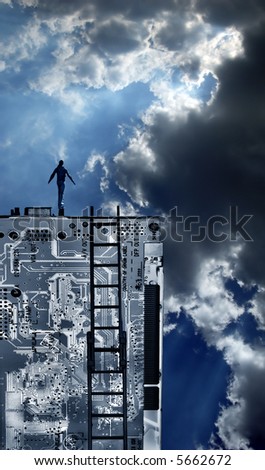 Person on top of technology with dramatic sky concept.