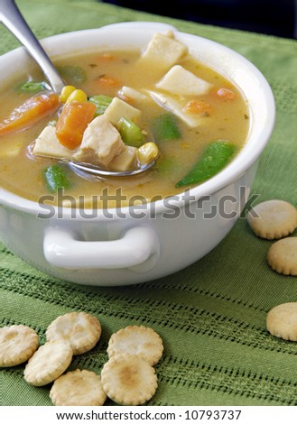 Home-made chicken and vegetable soup with oyster crackers.
