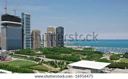 Millennium Park in Chicago from above looking out to Lake Michigan.