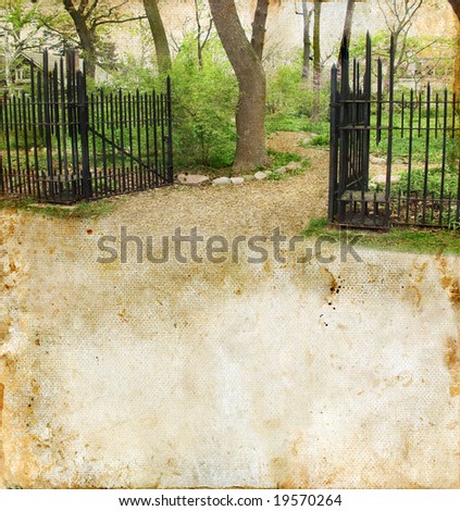 Gate to a park on a grunge background. Copy-space for your text.