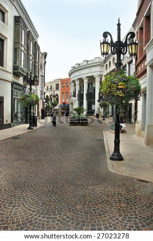The cobblestone street of Via Rodeo in Beverly Hills California.