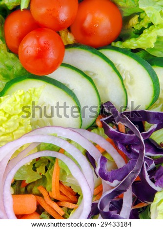 Fresh garden salad with lettuce, tomatoes, cucumbers, carrots, and onions.