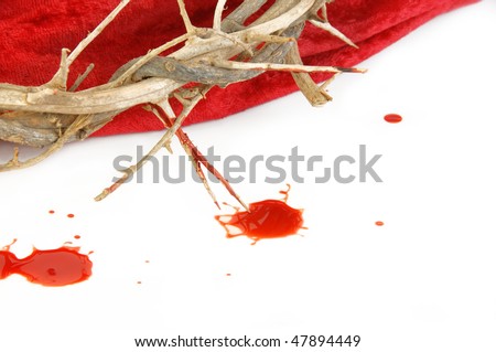 Crown of Thorns on red fabric and drops of blood on white.