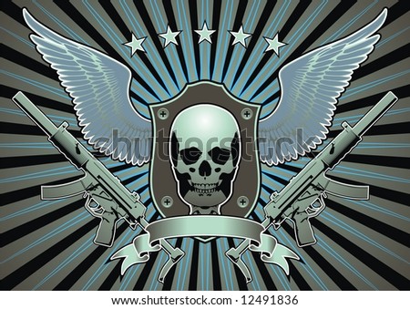 stock vector Insignia with skull machine gun and wings