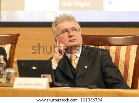 BUDAPEST, HUNGARY - APRIL 27: Prof. Miklos Kiraly, Dean of ELTE University Faculty of Law on the Conference on the Common European Sales Law org by ELTE Univ. on April 27, 2012..Budapest