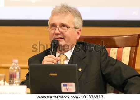BUDAPEST, HUNGARY - APRIL 27: Prof. Miklos Kiraly, Dean of ELTE University Faculty of Law speaks on Conference on the Common European Sales Law org by ELTE Univ. on April 27, 2012..Budapest