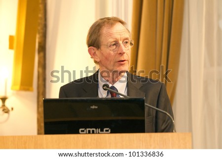 BUDAPEST, HUNGARY - APRIL 27:Prof. Hugh Beale, University of Warwick speaks on Conference on the Common European Sales Law org by ELTE Univ. on April 27, 2012..Budapest