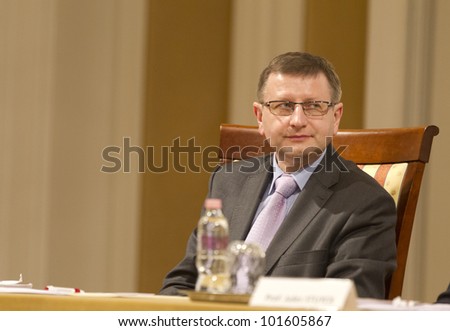 BUDAPEST, HUNGARY - APRIL 27:Prof. Jerzy Pisulinski (Jagiellonian University of Krakkow) speaks on Conference on the Common European Sales Law org by ELTE University on April 27, 2012. Budapest.