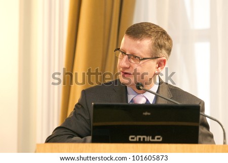 BUDAPEST, HUNGARY - APRIL 27:Prof. Jerzy Pisulinski (Jagiellonian University of Krakkow) speaks on Conference on the Common European Sales Law org by ELTE University on April 27, 2012. Budapest.