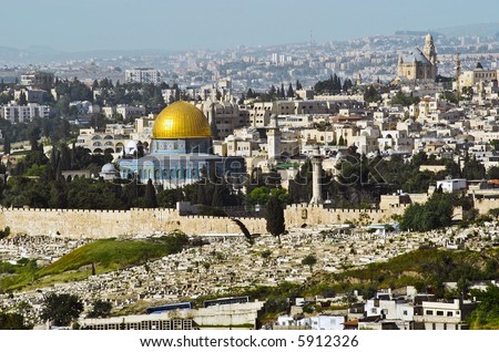 Jerusalem from the Mount of Olives, behind the golden dome of the Dome of the rock mosque Israel