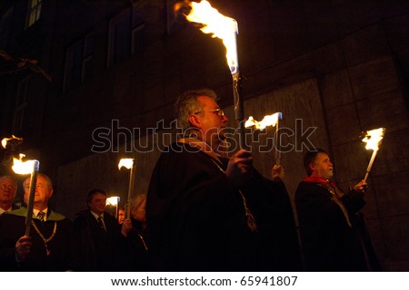 BUDAPEST, HUNGARY - NOVEMBER 12: The senate of the ELTE before the  torch-light procession, organized for the 375 anniversary of foundation of university on November 12, 2010 in Budapest, Hungary.