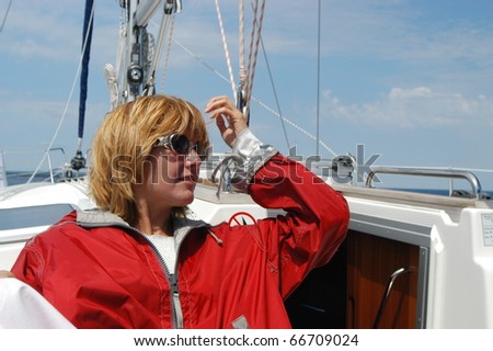 ADRIATIC SEA, CROATIA - MAY 19: Brigitta Palcso hungarian media star on the Republic Cup Yacht competition on May 19, 2003 in Croatia.