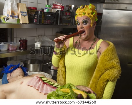 BUDAPEST, HUNGARY - JANUARY 14: Lady Domper famous hungarian travesty star on the photo shooting of the Company Magazine in the kitchen of Alterego Cafe on January 14, 2011 in Budapest, Hungary.