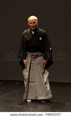 BUDAPEST, HUNGARY - APRIL 7: Reijiro Tsumura japan noh master presents the noh theater tradition in the Merlin theater on the memorial day of earthquake in Japan on April 7, 2011 in Budapest, Hungary.