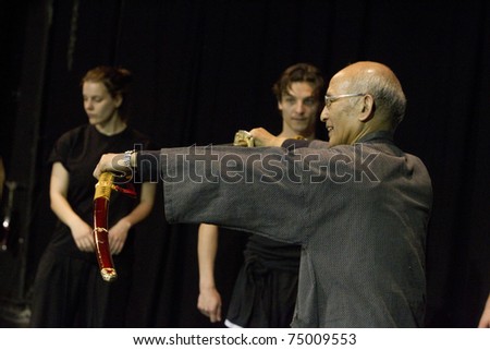 BUDAPEST, HUNGARY - APRIL 7: Reijiro Tsumura japan noh master teaches the noh theater tradition in the Merlin theater on the memorial day of earthquake in Japan on April 7, 2011 in Budapest, Hungary.