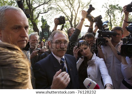 BUDAPEST, HUNGARY - APRIL 27: Sandor Pinter, minister of home affairs on the demonstration for the Basic Rights of hungarian gypsy population at the Ministry on April 27, 2011 in Budapest, Hungary.