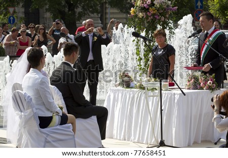 BUDAPEST, HUNGARY - MAY 21: Antal Rogan (r), vice president of FIDESZ party, major of Budapest\'s city celebrates the wedding of Tamas Tabori, director of Vodafone on May 21, 2011 in Budapest, Hungary.