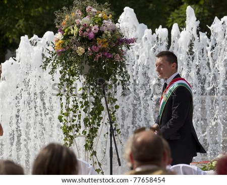 BUDAPEST, HUNGARY - MAY 21: Antal Rogan, vice president of FIDESZ party, major of Budapest\'s city celebrates the wedding of Tamas Tabori, director of Vodafone on May 21, 2011 in Budapest, Hungary.