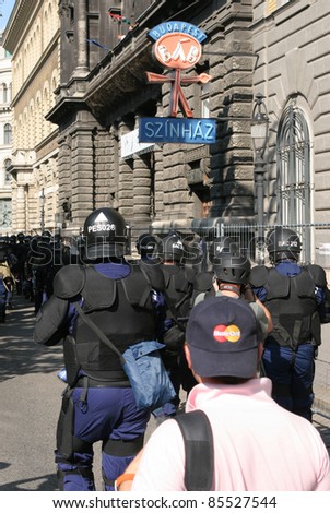 BUDAPEST, HUNGARY - JULY 5. Police in full riot gear protects the participants of the Budapest Gay Pride from aggression of counter-demonstrators, on July 5, 2008 in Budapest, Hungary.