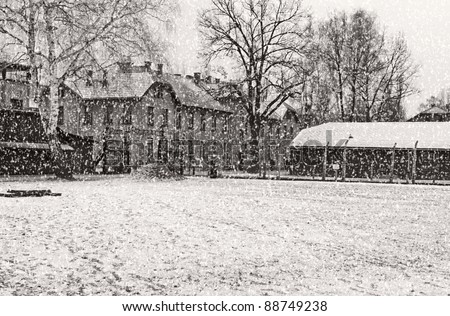 Black and white photo of Auschwitz camp, Poland