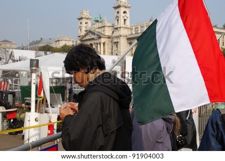 BUDAPEST, HUNGARY - OCTOBER 22: Unidentified people participate the demonstration against the social politics of Hungarian government before the Parliament on October 22, 2006 in Budapest, Hungary.