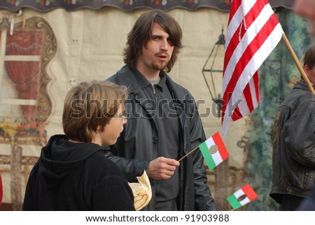 BUDAPEST, HUNGARY - OCTOBER 22: Unidentified people participate the demonstration against the social politics of hungarian government before the Parliament on October 22, 2006 in Budapest, Hungary.