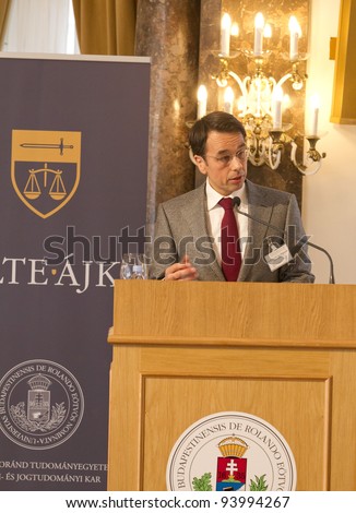 BUDAPEST, HUNGARY - JANUARY 26: Dr. Armin von Bogdandy, Managing Director of Max Planck Institute  speaks at the Conference 